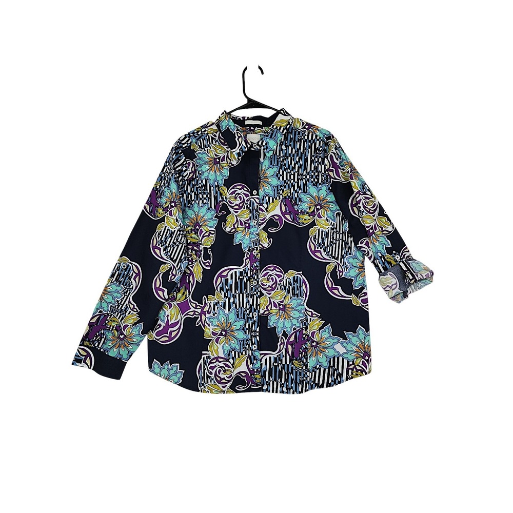 Chicos Button Up Shirt 3 16 XL Navy Blue Floral Geometric No Iron Roll Tab Artsy